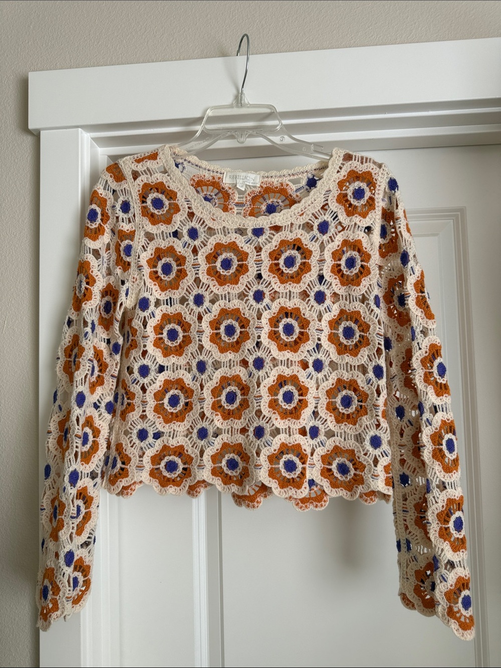Rebellion Cream Crochet Floral Long-Sleeve Top with Orange & Purple Accents